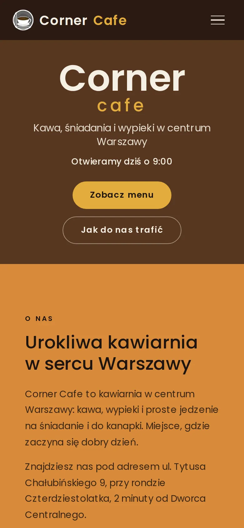 Corner Cafe, home page on mobile: heading, opening time, two buttons and the start of the “About us” section.