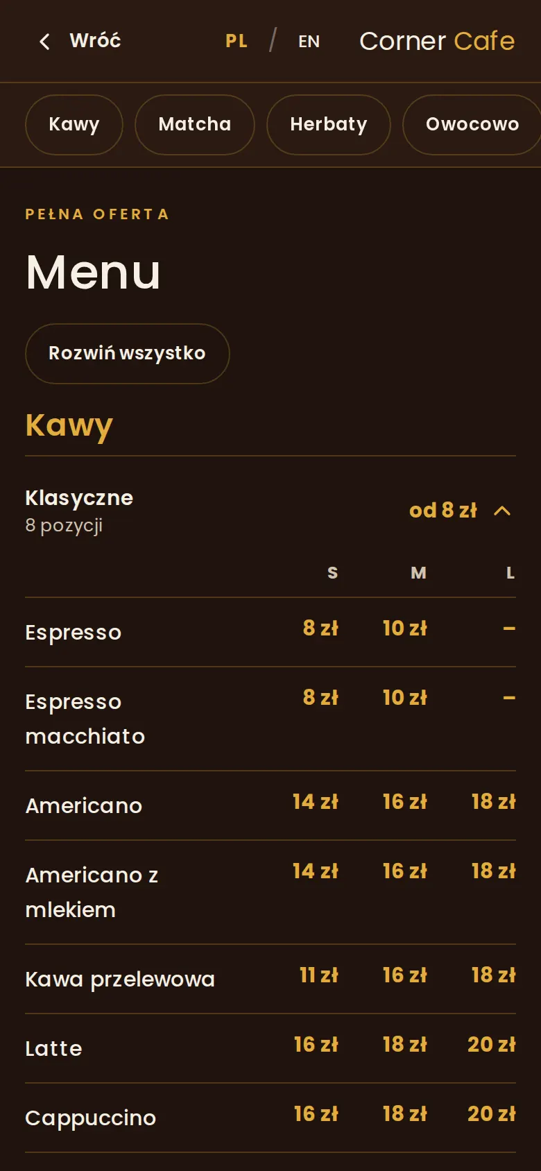 Corner Cafe, menu on mobile: the “Coffees” category, a size table S, M, L and prices in złoty.