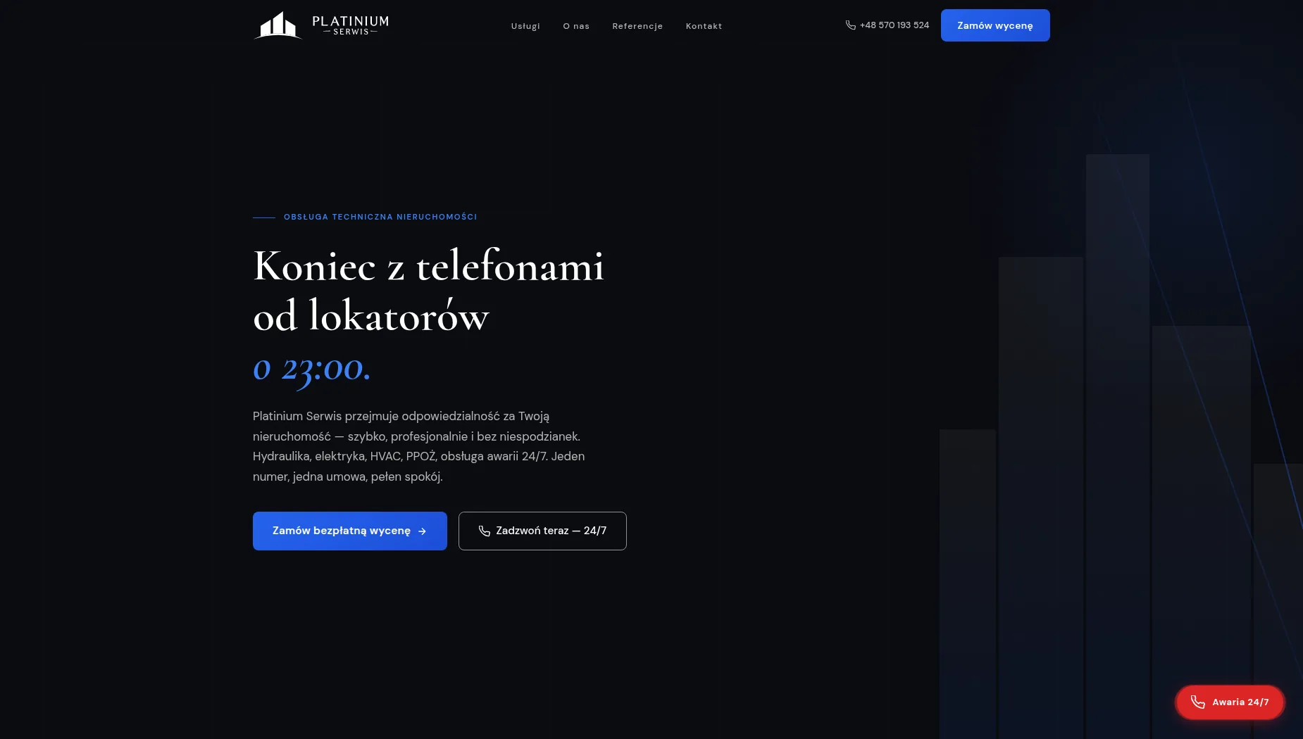 Platinium Serwis, strona główna na komputerze: logo w nagłówku, hasło „Koniec z telefonami od lokatorów o 23:00.” i przyciski „Zamów bezpłatną wycenę” oraz „Zadzwoń teraz — 24/7”.